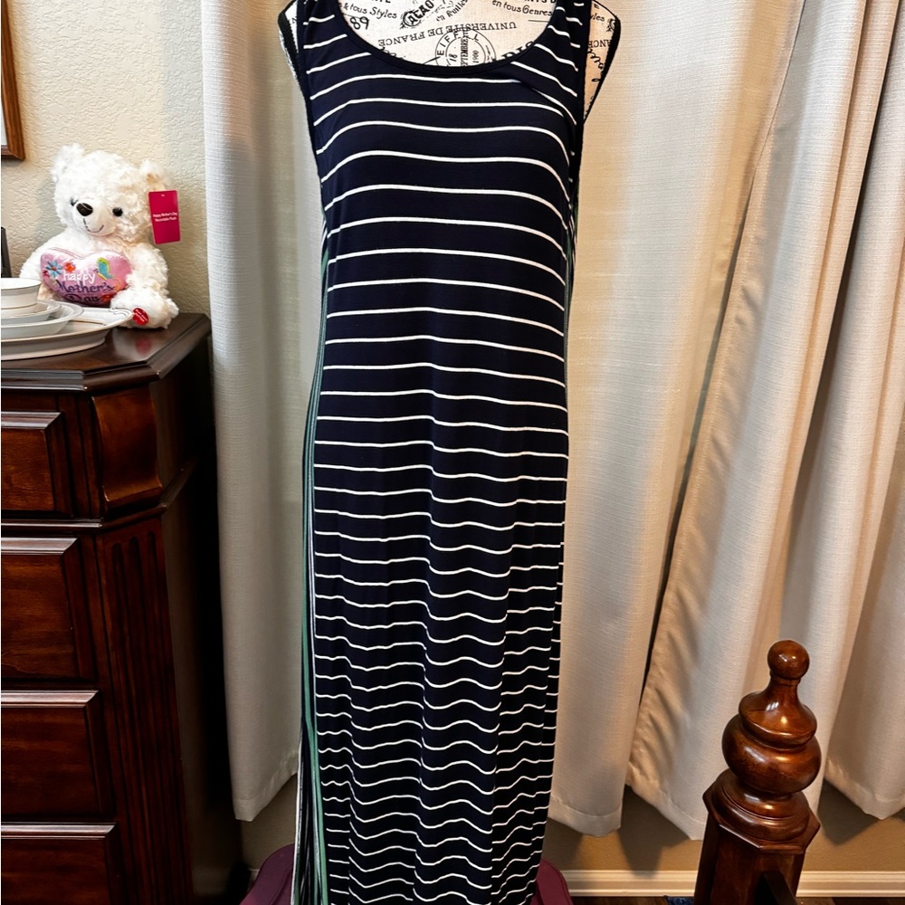 Long blue and white striped maxi dress